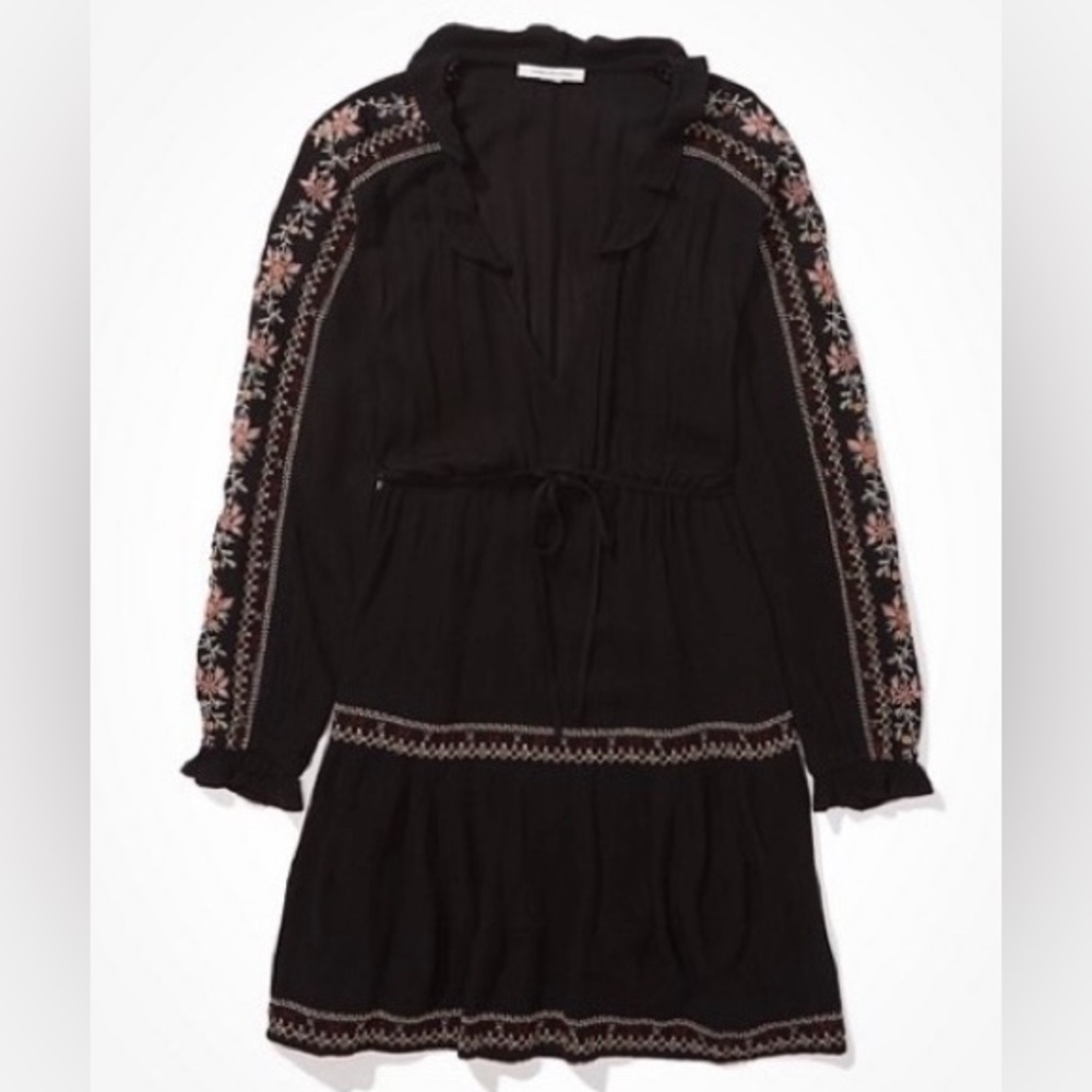 American Eagle Long-Sleeve Embroidered Babydoll Dress